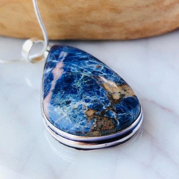 Silver Plated Blue Sodalite Pear Shape Statement Boho Necklace - Picture 7 of 10